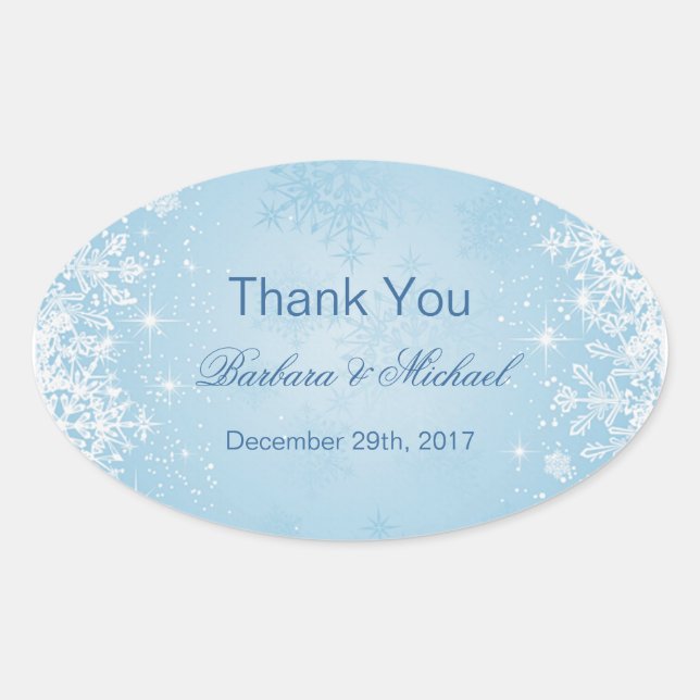 White snowflakes on blue Wedding Thank You Sticker (Front)