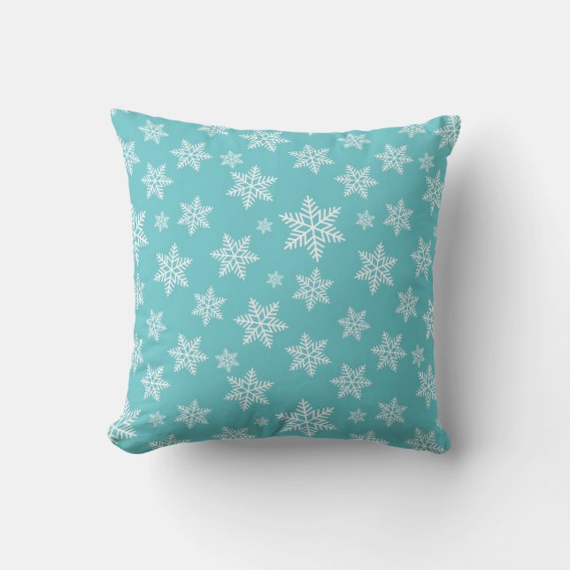 White Snowflakes on Blue Winter Pattern Cushion (Front)