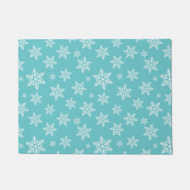 White Snowflakes on Blue Winter Pattern Doormat (Front)