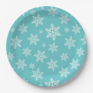 White Snowflakes on Blue Winter Pattern Paper Plate