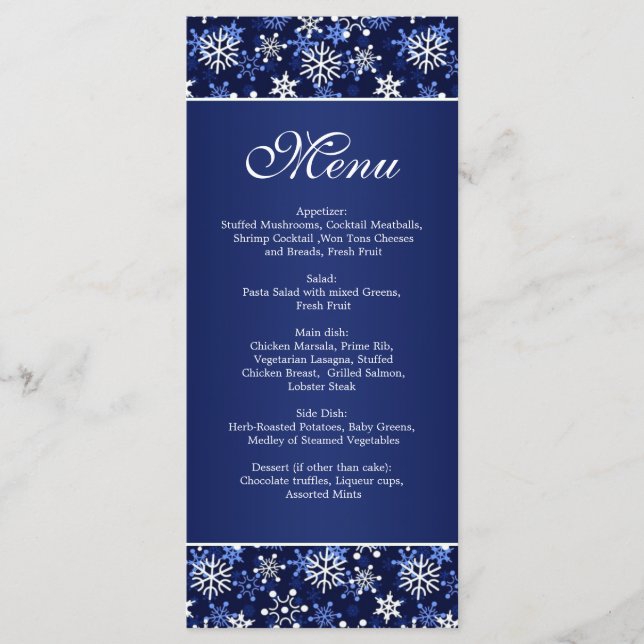 White snowflakes on dark blue Menu Rack Card (Front)