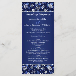 White snowflakes on dark blue Wedding program