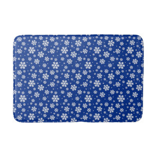 White Snowflakes on Dark Blue Winter Pattern Bath Mat