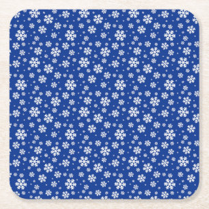 White Snowflakes on Dark Blue Winter Pattern Square Paper Coaster