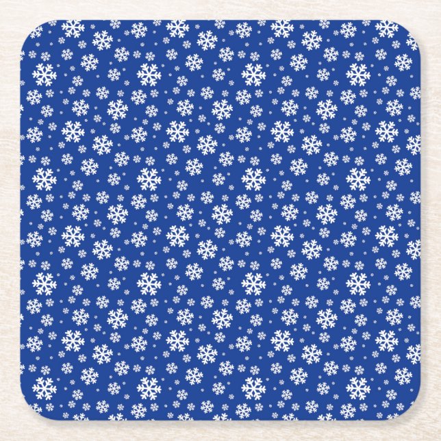 White Snowflakes on Dark Blue Winter Pattern Square Paper Coaster (Front)