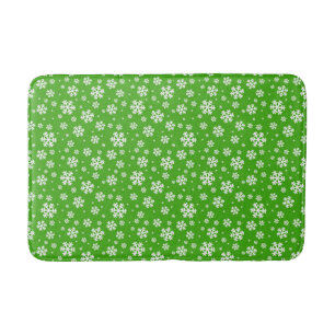 White Snowflakes on Green Winter Pattern Bath Mat