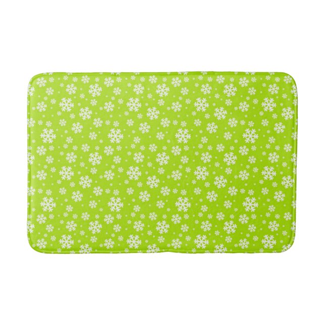 White Snowflakes on Green Winter Pattern Bath Mat (Front)