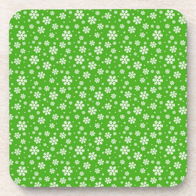 White Snowflakes on Green Winter Pattern Coaster (Front)