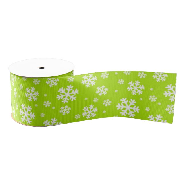 White Snowflakes on Green Winter Pattern Grosgrain Ribbon (Spool)