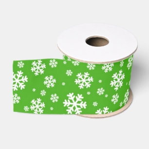 White Snowflakes on Green Winter Pattern Grosgrain Ribbon