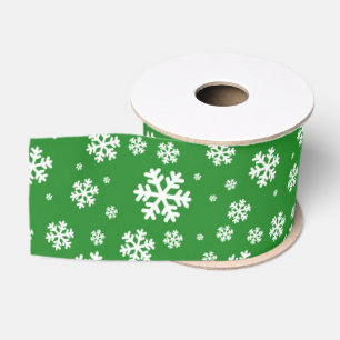 White Snowflakes on green Winter Pattern Grosgrain Ribbon