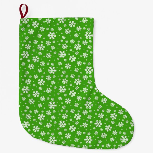 White Snowflakes on Green Winter Pattern Large Christmas Stocking (Front)