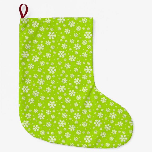 White Snowflakes on Green Winter Pattern Large Christmas Stocking (Front)