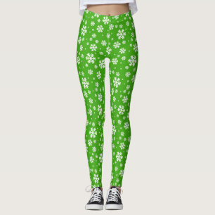 White Snowflakes on Green Winter Pattern Leggings