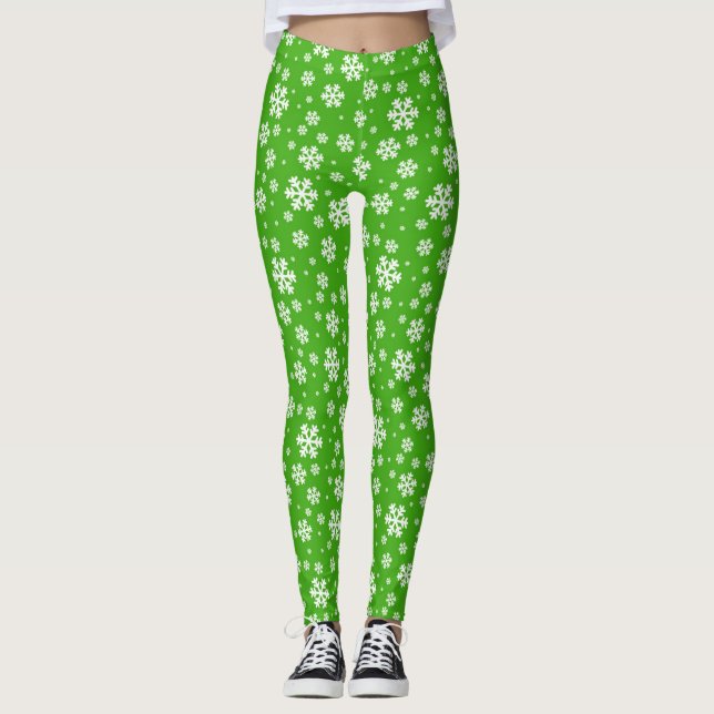 White Snowflakes on Green Winter Pattern Leggings (Front)