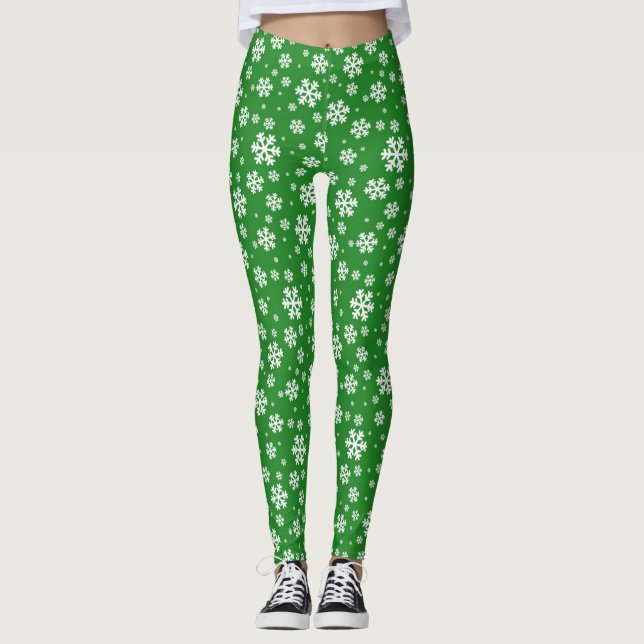 White Snowflakes on green Winter Pattern Leggings (Front)