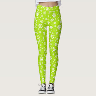White Snowflakes on Green Winter Pattern Leggings