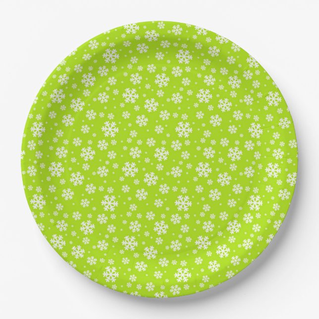 White Snowflakes on Green Winter Pattern Paper Plate (Front)