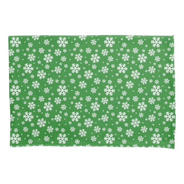 White Snowflakes on green Winter Pattern Pillowcase (Front)