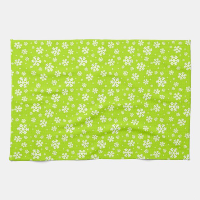 White Snowflakes on Green Winter Pattern Tea Towel (Horizontal)