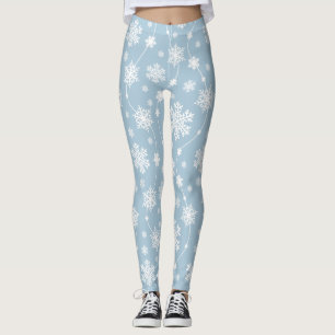 White Snowflakes on Light Blue Background Winter Leggings