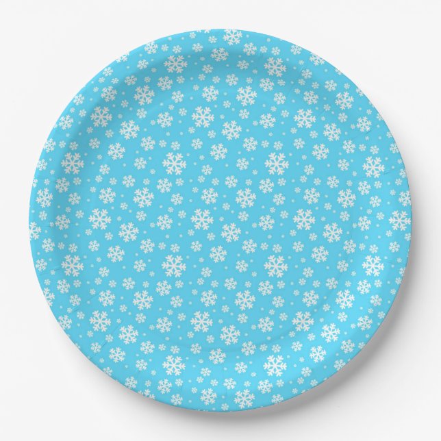 White Snowflakes on Light Blue Winter Pattern Paper Plate (Front)
