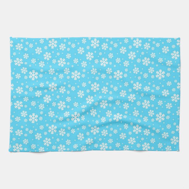 White Snowflakes on Light Blue Winter Pattern Tea Towel (Horizontal)
