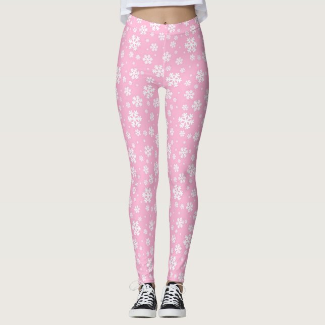 White Snowflakes on Light Pink Winter Pattern Leggings (Front)