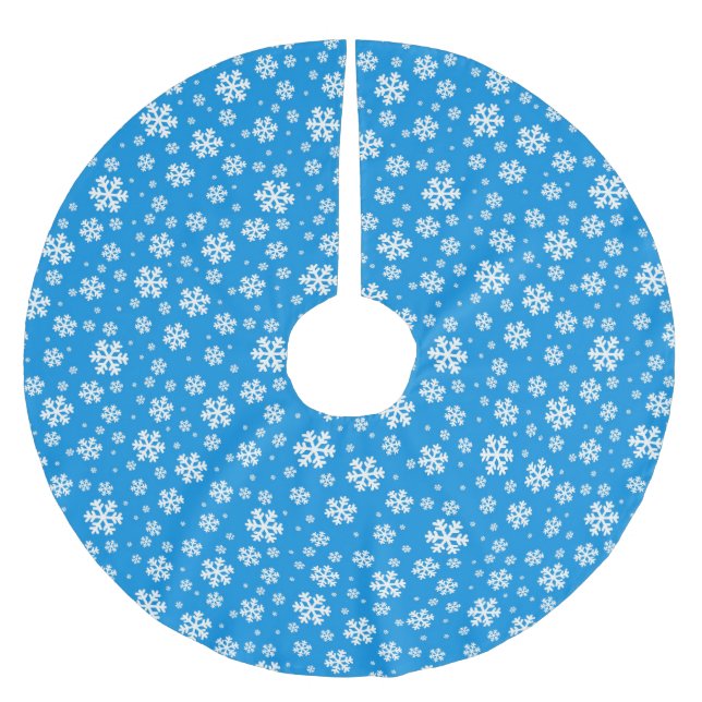White Snowflakes on Mid Blue Winter Pattern Brushed Polyester Tree Skirt (Front)