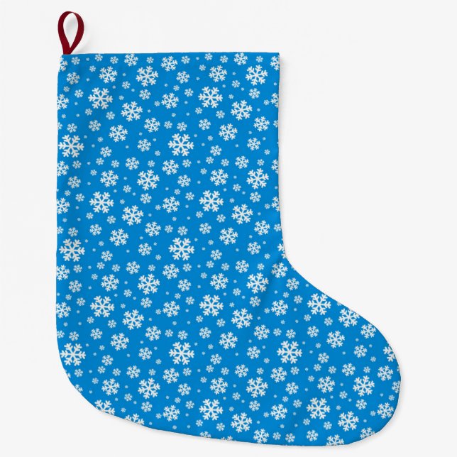 White Snowflakes on Mid Blue Winter Pattern Large Christmas Stocking (Front)