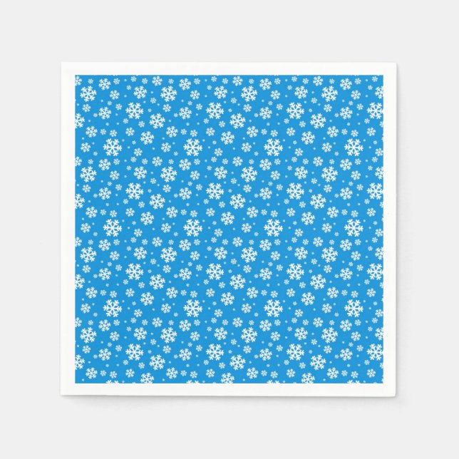 White Snowflakes on Mid Blue Winter Pattern Napkin (Front)