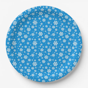 White Snowflakes on Mid Blue Winter Pattern Paper Plate