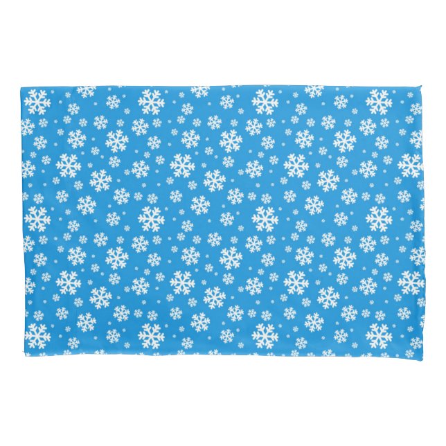 White Snowflakes on Mid Blue Winter Pattern Pillowcase (Front)