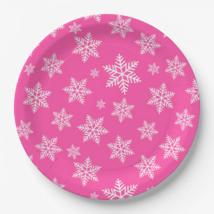 White Snowflakes on Pink Winter Pattern Paper Plate
