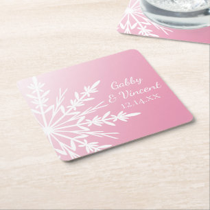 White Snowflakes on Pink Winter Wedding Square Paper Coaster