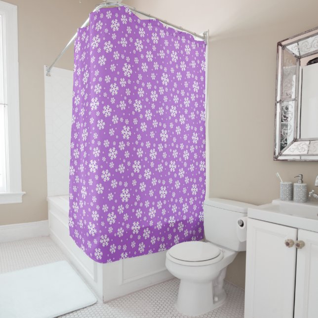 White Snowflakes on Purple Winter Pattern Shower Curtain (In Situ)