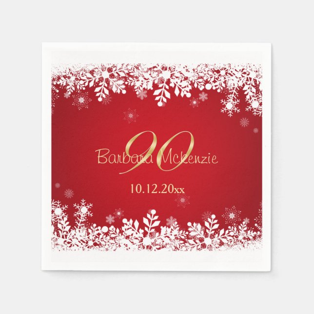 White snowflakes on red 90th Birthday Party Napkin (Front)