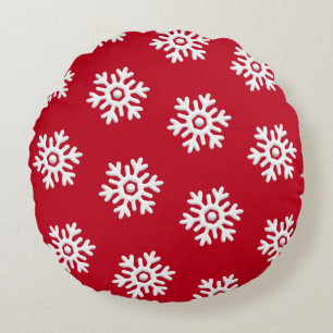 White snowflakes on red background Christmas Round Cushion