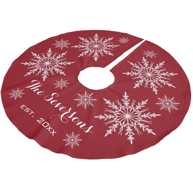 White Snowflakes on Red Brushed Polyester Tree Skirt (Angled)