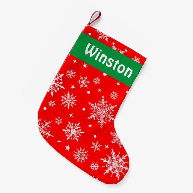 White Snowflakes on Red Custom Christmas Stocking (Front (Hanging))