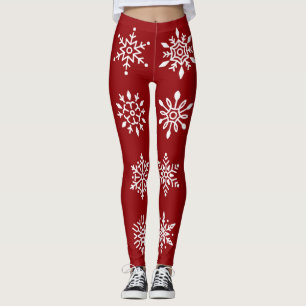 White Snowflakes On Red Winter Holiday Leggings