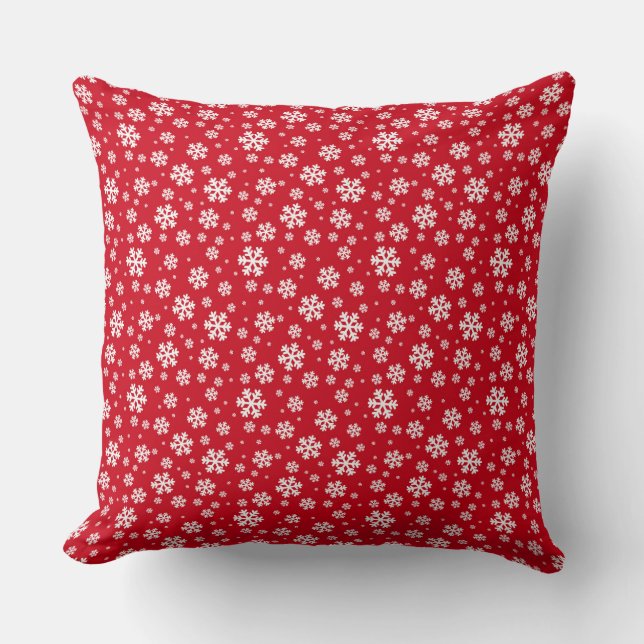 White Snowflakes on red Winter Pattern Cushion (Front)