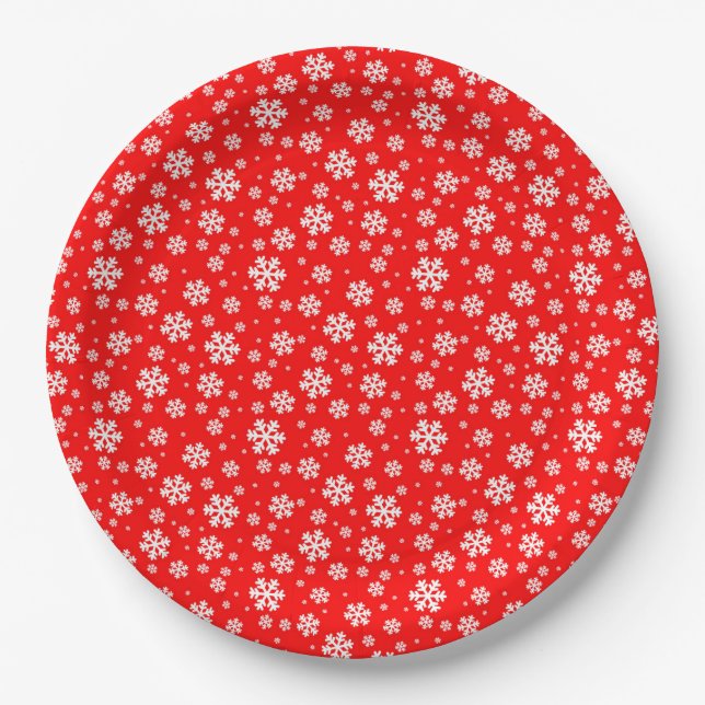 White Snowflakes on Red Winter Pattern Paper Plate (Front)