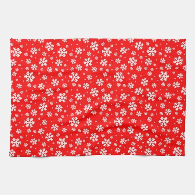White Snowflakes on Red Winter Pattern Tea Towel (Horizontal)
