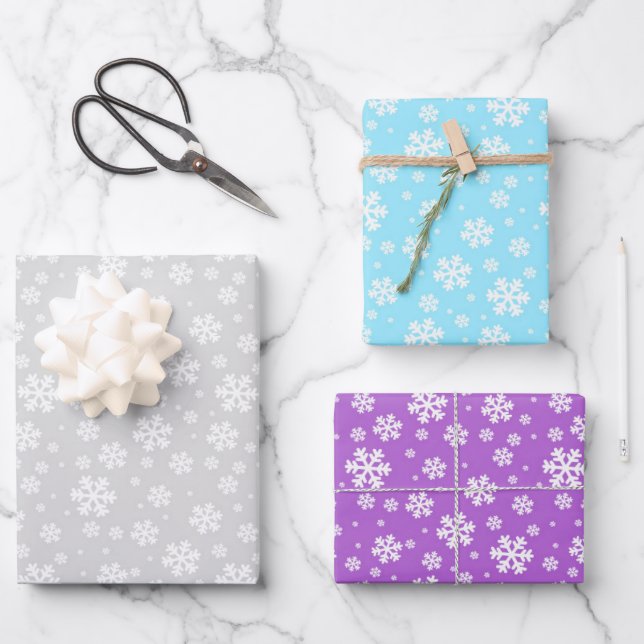 White Snowflakes on Silver, Blue & Purple Wrapping Paper Sheet (Front)