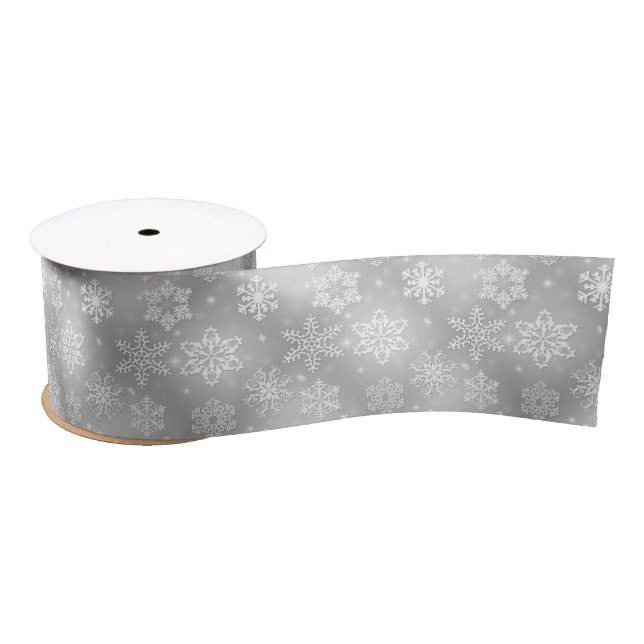 White Snowflakes On Silver Satin Ribbon (Spool)