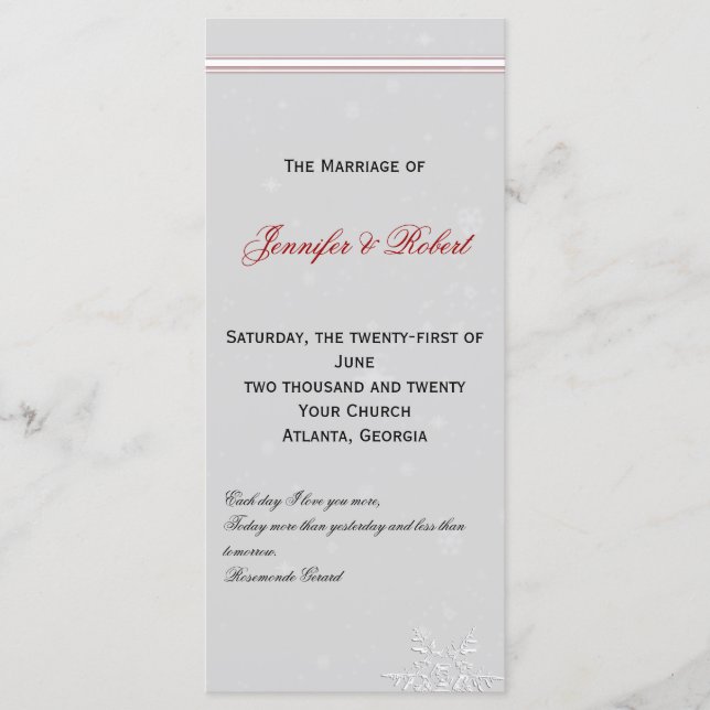 White Snowflakes on Silver Wedding Program (Front)