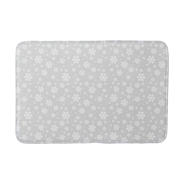 White Snowflakes on Silver Winter Pattern Bath Mat (Front)