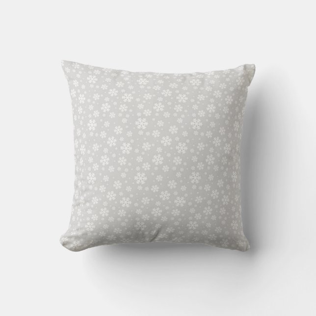 White Snowflakes on Silver Winter Pattern Cushion (Front)