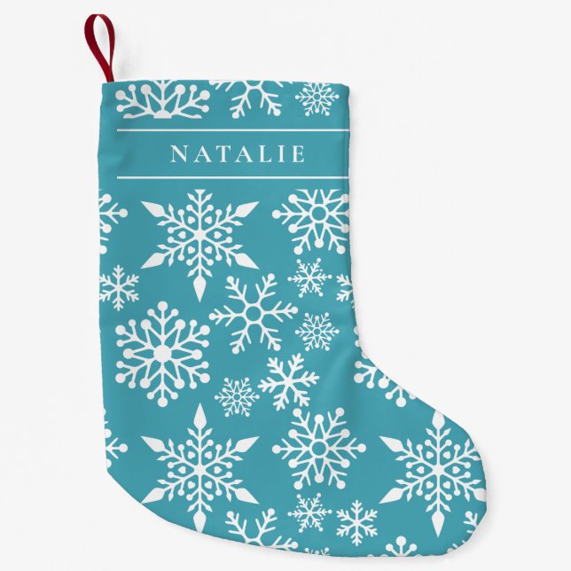 White Snowflakes on Turquoise With Name Small Christmas Stocking (Front)